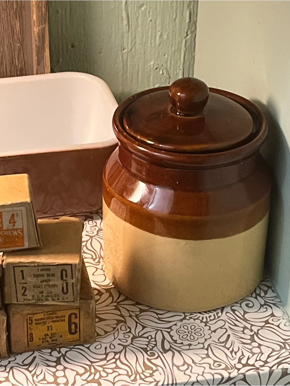 Two-Tone Stoneware Jar with Lid - Brown and Cream